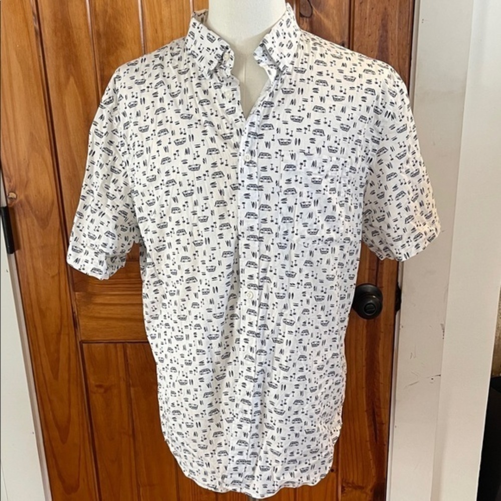 Old Navy The Classic Shirt Slim Fit XL Stretch White Blue Surf palm tree print